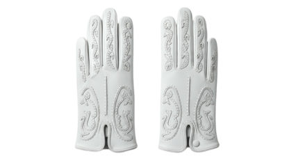 Exquisite pair of white leather dress gloves featuring intricate embossed detailing