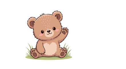 A cute little brown bear sitting in green grass waving its paw hello.