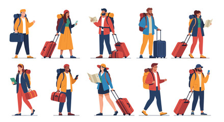 Travelers with luggage and maps planning their next journey around the world.