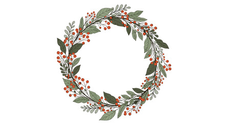 Elegant evergreen wreath with red berries and muted green leaves adorning a circular frame for festive decor.