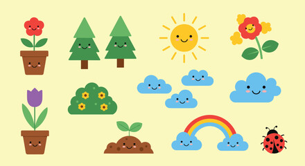 A collection of cute pixel art elements depicting nature and the outdoors