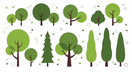 A collection of diverse green trees in various sizes and shapes used for nature illustration and design elements.