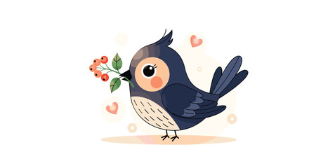 A charming little bird carries a delicate branch with berries and hearts floating around it.