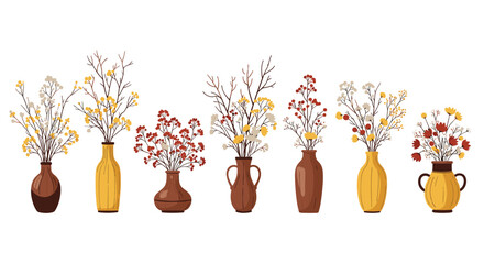 A collection of colorful wildflowers arranged in various unique ceramic vases.