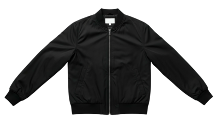 Simple black bomber style outerwear displays a central zipper closure against a solid dark background
