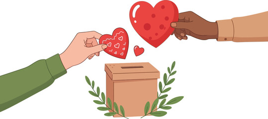 Hands from diverse backgrounds generously donate hearts into a donation box, symbolizing unity and compassion in charitable giving.