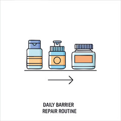 A simple line art illustration depicts a daily skincare routine with three different product containers, symbolizing a focus on barrier repair and healthy skin.