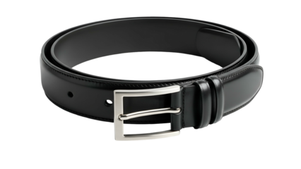 Formal black leather accessory is coiled elegantly against a dark background