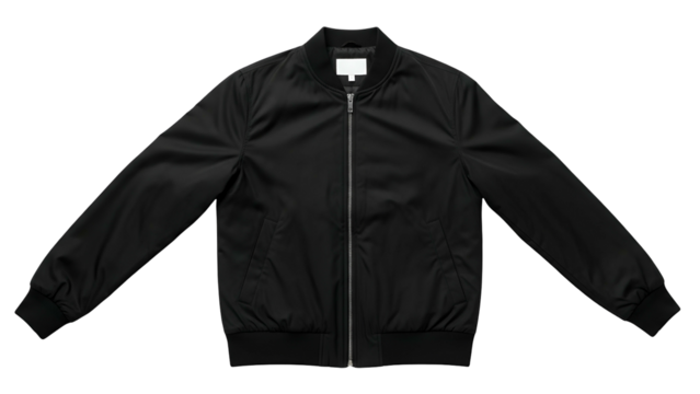 Simple black bomber style outerwear displays a central zipper closure against a solid dark background