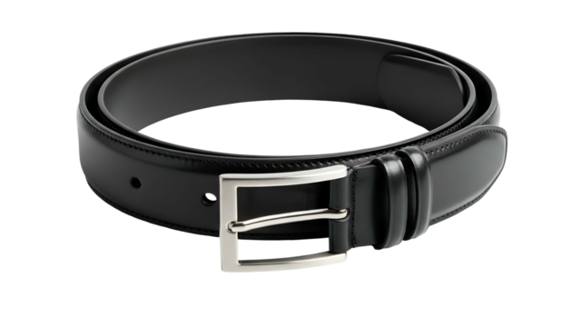 Formal black leather accessory is coiled elegantly against a dark background