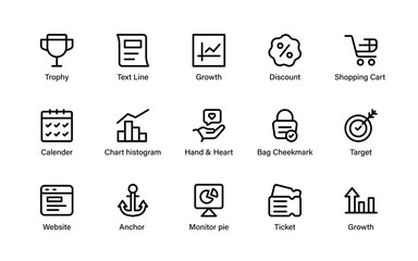 Business and Digital marketing icons. analytics symbols, e-commerce elements, cloud tools, and growth-focused digital interface signs