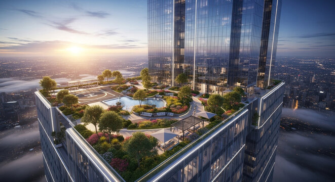 Luxurious rooftop garden with pool and cityscape view, showcasing modern architecture and urban oasis with lush greenery and stunning sunset, creating a serene and elegant atmosphere