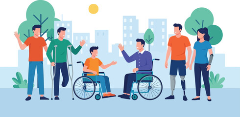 Diverse group of people with disabilities enjoying outdoor city life, promoting inclusion and accessibility with smiles and waves.