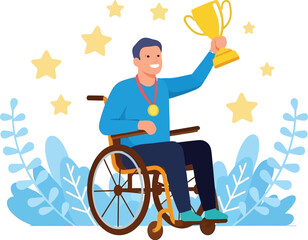 Triumphant individual in wheelchair celebrates victory holding a golden trophy and medal surrounded by festive stars and decorative foliage