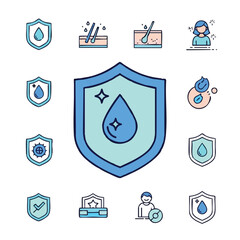 Collection of vector icons representing skin hydration, protection, and moisture retention, ideal for skincare, beauty, and health-related designs and infographics.