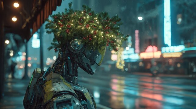 A robot with a christmas tree on his head