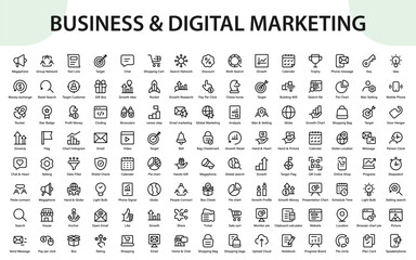 Business and Digital marketing icons. analytics symbols, e-commerce elements, cloud tools, and growth-focused digital interface signs