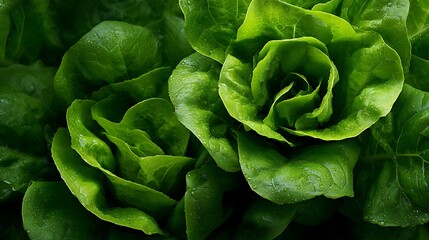 Fototapeta premium Fresh Green Romaine Lettuce Close-up with Water Droplets Detail