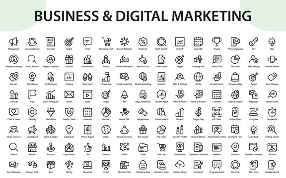 Business and Digital marketing icons. analytics symbols, e-commerce elements, cloud tools, and growth-focused digital interface signs