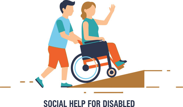 Empathetic individual assists person in wheelchair up ramp demonstrating care and inclusion for accessibility needs.