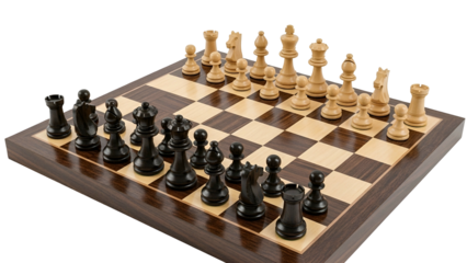 Wooden chess pieces and board arranged for a competitive match against a dark background