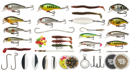 Assortment of various fishing lures and tackle accessories displayed against a solid black background