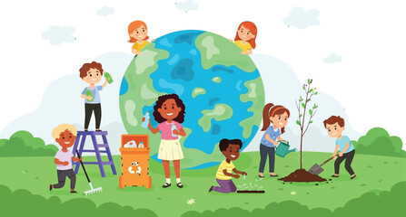 Inspiring diverse children passionately caring for Earth planting trees and recycling for a greener future together