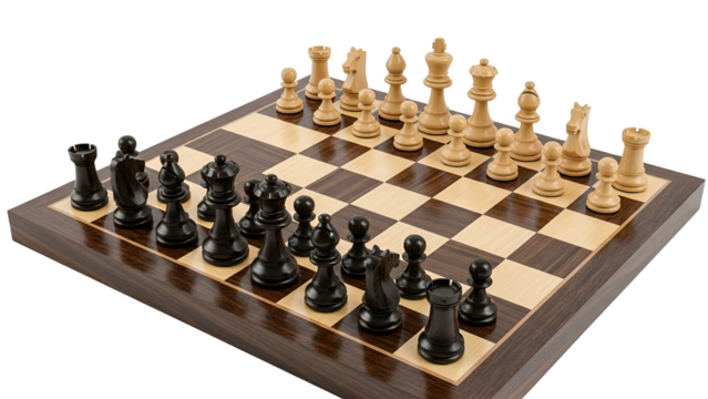 Wooden chess pieces and board arranged for a competitive match against a dark background