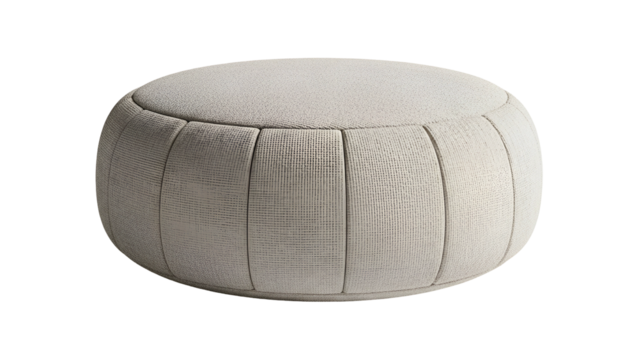 Round upholstered floor cushion displays vertical stitched panels against a dark background