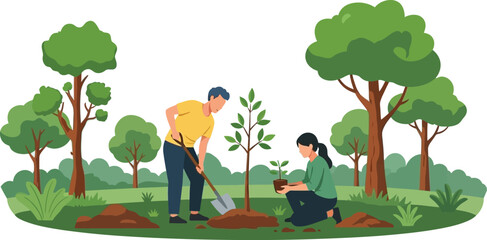 Couple happily planting a young tree together in a lush green park, fostering nature and community spirit for a sustainable future