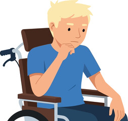 Pensive young man with blonde hair sits thoughtfully in a wheelchair, contemplating challenges and seeking solutions in a bright, clean studio setting.
