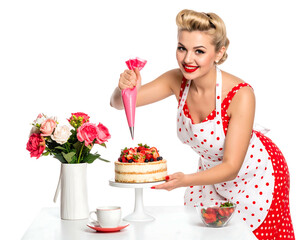 A woman in a retro outfit decorates a cake with a pastry bag, roses in a vase, strawberries, and a teacup