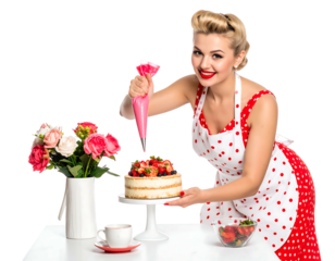 A woman in a retro outfit decorates a cake with a pastry bag, roses in a vase, strawberries, and a teacup