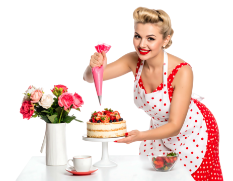A woman in a retro outfit decorates a cake with a pastry bag, roses in a vase, strawberries, and a teacup - Powered by Adobe