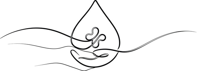 Elegant single line art depicts caring hands cradling a precious water drop symbolizing donation and life-giving support