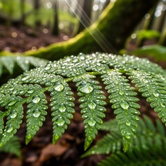 Close-up view of a vibrant green fern leaf covered with glistening water droplets in a lush forest setting after rain