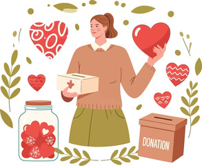 Woman generously donating to charity with hearts and collection boxes symbolizing kindness and support for good causes