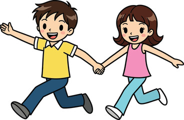 Joyful cartoon children holding hands and running together, radiating pure childhood happiness and freedom