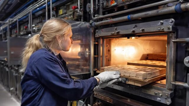 Medium shot capturing an operator placing wood samples inside an industrial oven to determine moisture levels through drying.