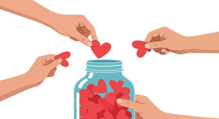 Generous hands contribute red hearts to a glass jar, symbolizing love, charity, and community spirit.