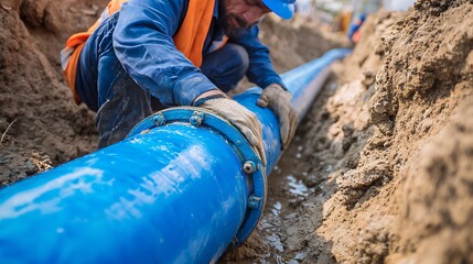 Construction Worker Installing New Water Pipes in a Trench for Plumbing