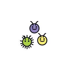 A cheerful illustration of three cartoon germs, one purple, one green, and one yellow, all with smiling faces, on a clean white background, perfect for educational materials.