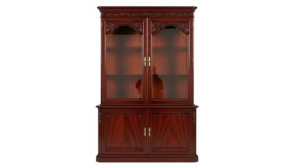Ornate wooden china cabinet with glass display doors stands isolated against a dark background