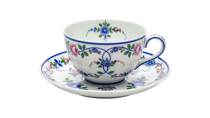 Fine porcelain teacup and saucer displays intricate floral patterns against a solid black background