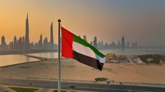 United Arab Emirates flag waving proudly against Dubai's stunning skyline at sunrise, showcasing national pride and the city's iconic architecture