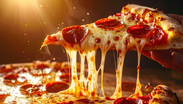 Pepperoni Pizza Slice with Dramatic Cheese Pull and Warm Sunlight
