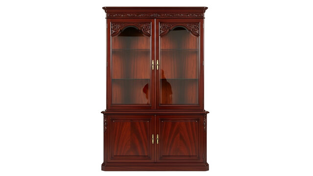 Ornate wooden china cabinet with glass display doors stands isolated against a dark background