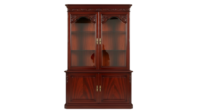 Ornate wooden china cabinet with glass display doors stands isolated against a dark background