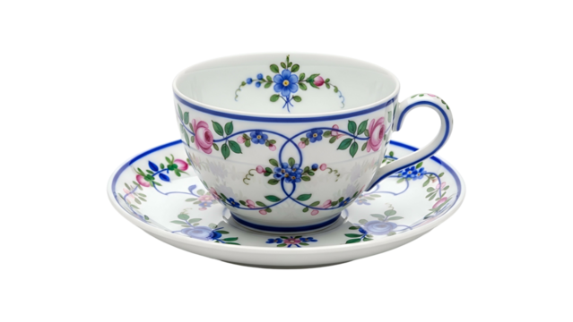 Fine porcelain teacup and saucer displays intricate floral patterns against a solid black background
