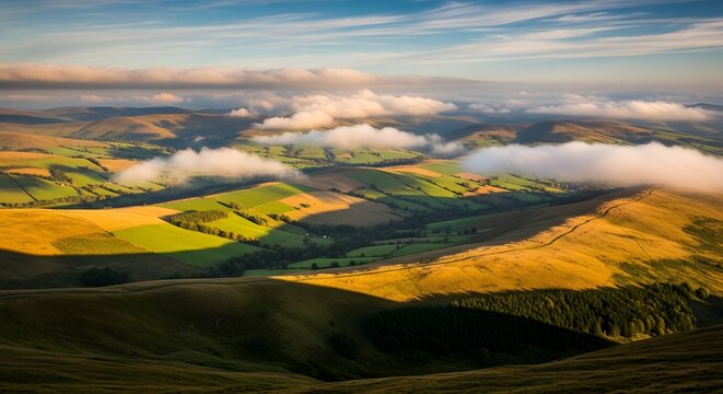 A scenic aerial view of rolling hills and patchwork farmland illuminated by sunlight under a partly cloudy sky during daytime